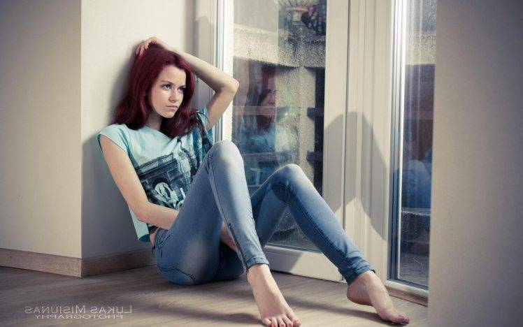 jeans, Barefoot, Redhead, Hands On Head Wallpapers HD / Desktop and