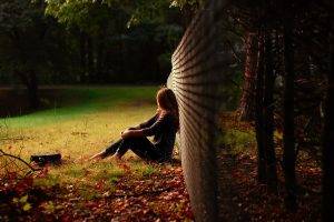 women, Nature, Fence, Fall, Trees, Chain link, Sitting