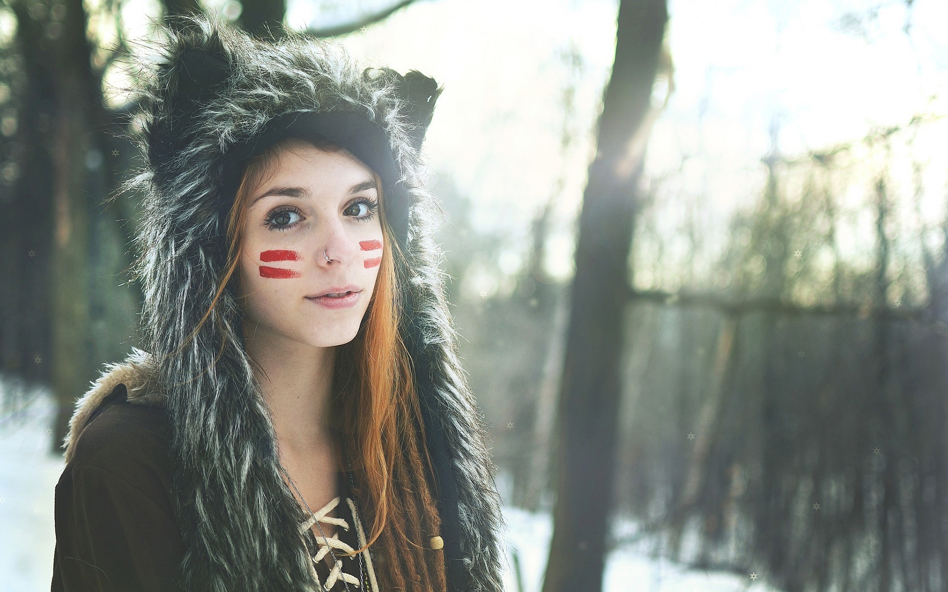 women, Body Paint, Hoods, Winter, Readhead, Looking At Viewer, Hat, Snow, Forest, Fennek Suicide, Suicide Girls Wallpaper