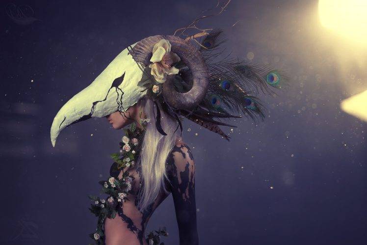 women, Skull, Ram, Flowers, Peacocks, Mask HD Wallpaper Desktop Background