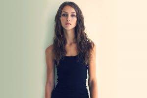 blue Eyes, Black Clothing, Brunette, Long Hair, Women, Rachel Cook, Standing, Simple Background, Face, Looking At Viewer