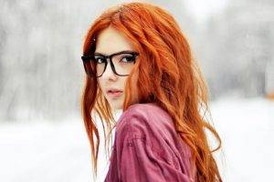 redhead, Glasses, Women, Snow