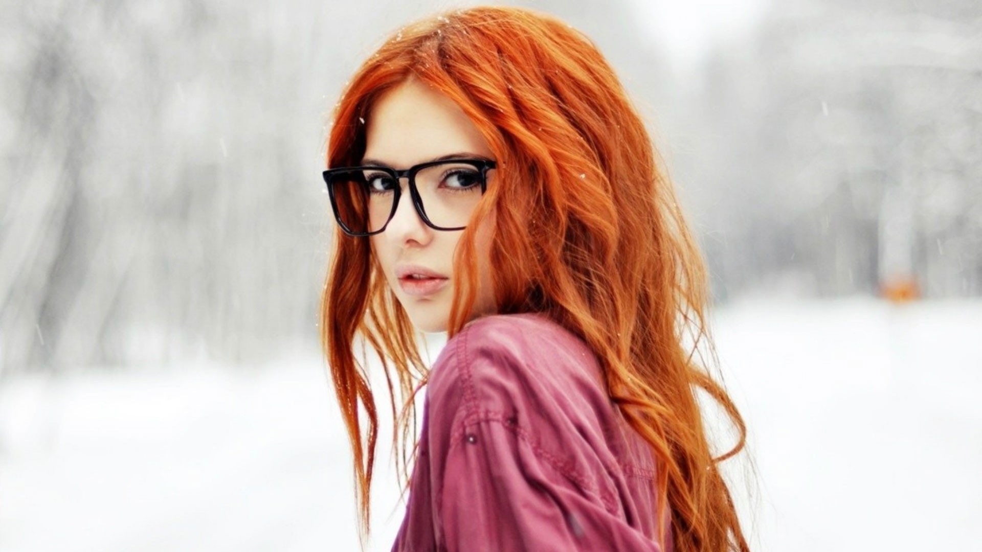 redhead, Glasses, Women, Snow Wallpaper