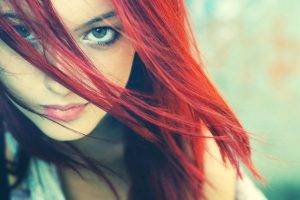 redhead, Women, Green Eyes, Hair In Face, Looking At Viewer, Dyed Hair