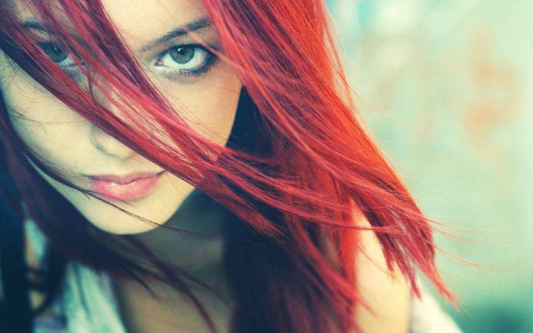 redhead, Women, Green Eyes, Hair In Face, Looking At Viewer, Dyed Hair HD Wallpaper Desktop Background