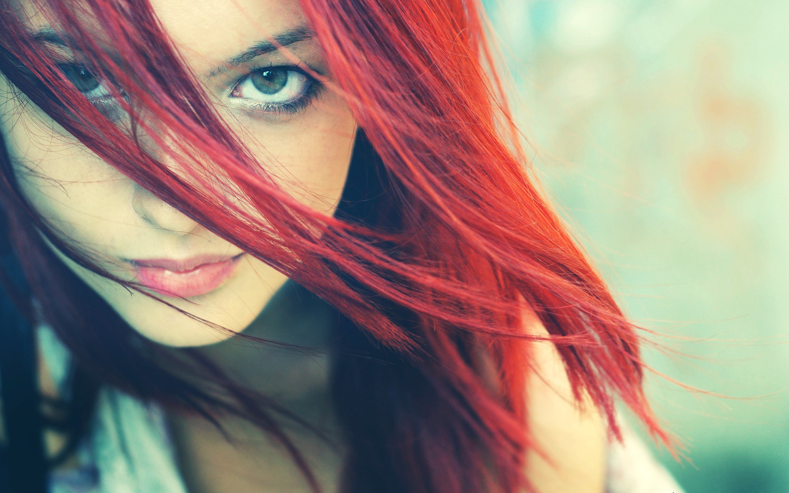 redhead, Women, Green Eyes, Hair In Face, Looking At Viewer, Dyed Hair Wallpaper