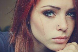 redhead, Women, Face, Blue Eyes, Piercing, Freckles