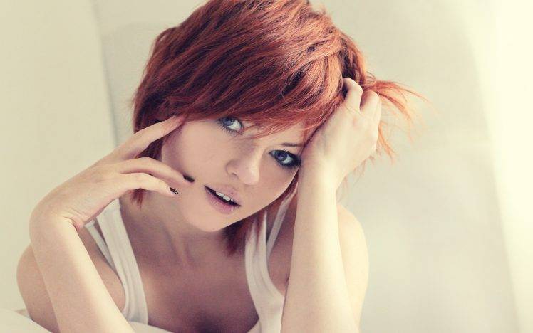 redhead, Women, Face, Blue Eyes, White Tops HD Wallpaper Desktop Background