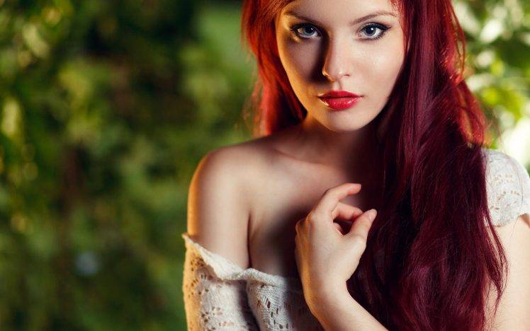 redhead, Red Lipstick, Gray Eyes HD Wallpaper Desktop Background