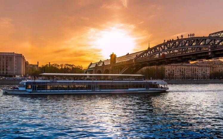 cityscape, Boat, River, Sunset, Bridge HD Wallpaper Desktop Background