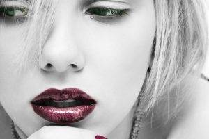 lipstick, Lips, Selective Coloring, Monochrome, Scarlett Johansson