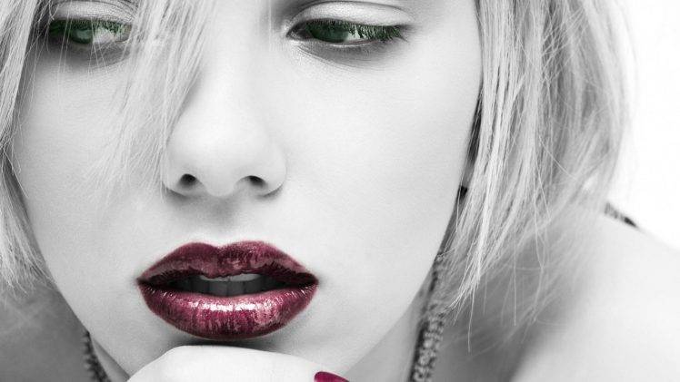 lipstick, Lips, Selective Coloring, Monochrome, Scarlett Johansson HD Wallpaper Desktop Background