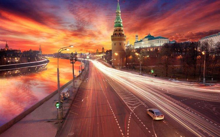 cityscape, Long Exposure, Road, Sunset, Lights, River, Light Trails, Moscow, Russia HD Wallpaper Desktop Background