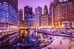 cityscape, Building, HDR, River, Ice, Lights, Chicago