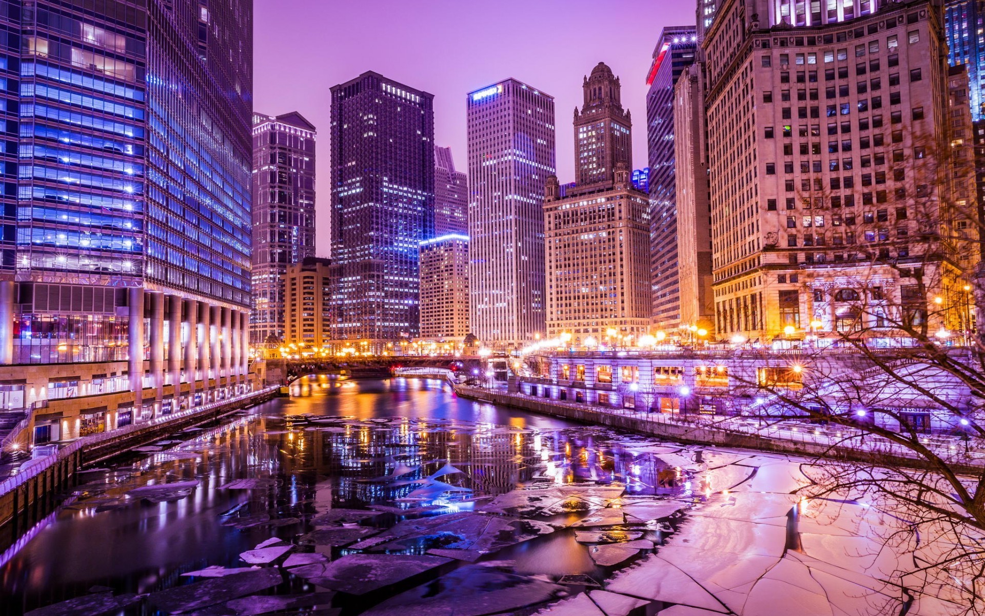cityscape, Building, HDR, River, Ice, Lights, Chicago Wallpaper