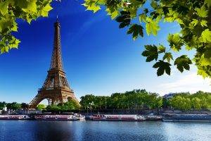 cityscape, France, Paris, River, Leaves, Eiffel Tower
