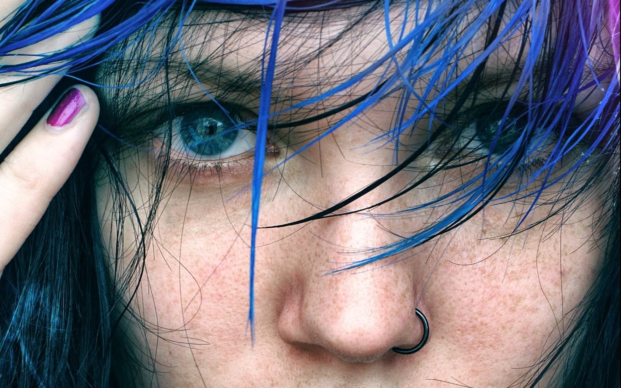 blue Eyes, Women, Blue Hair, Pierced Nose Wallpaper