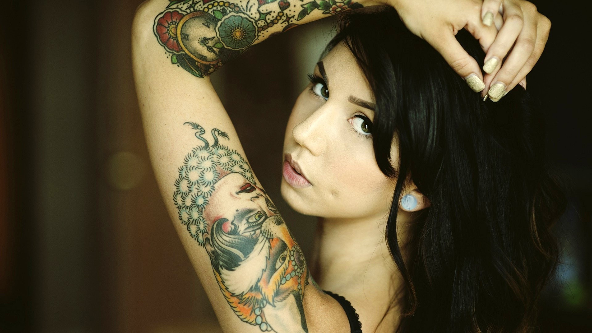 women, Green Eyes, Tattoo Wallpaper