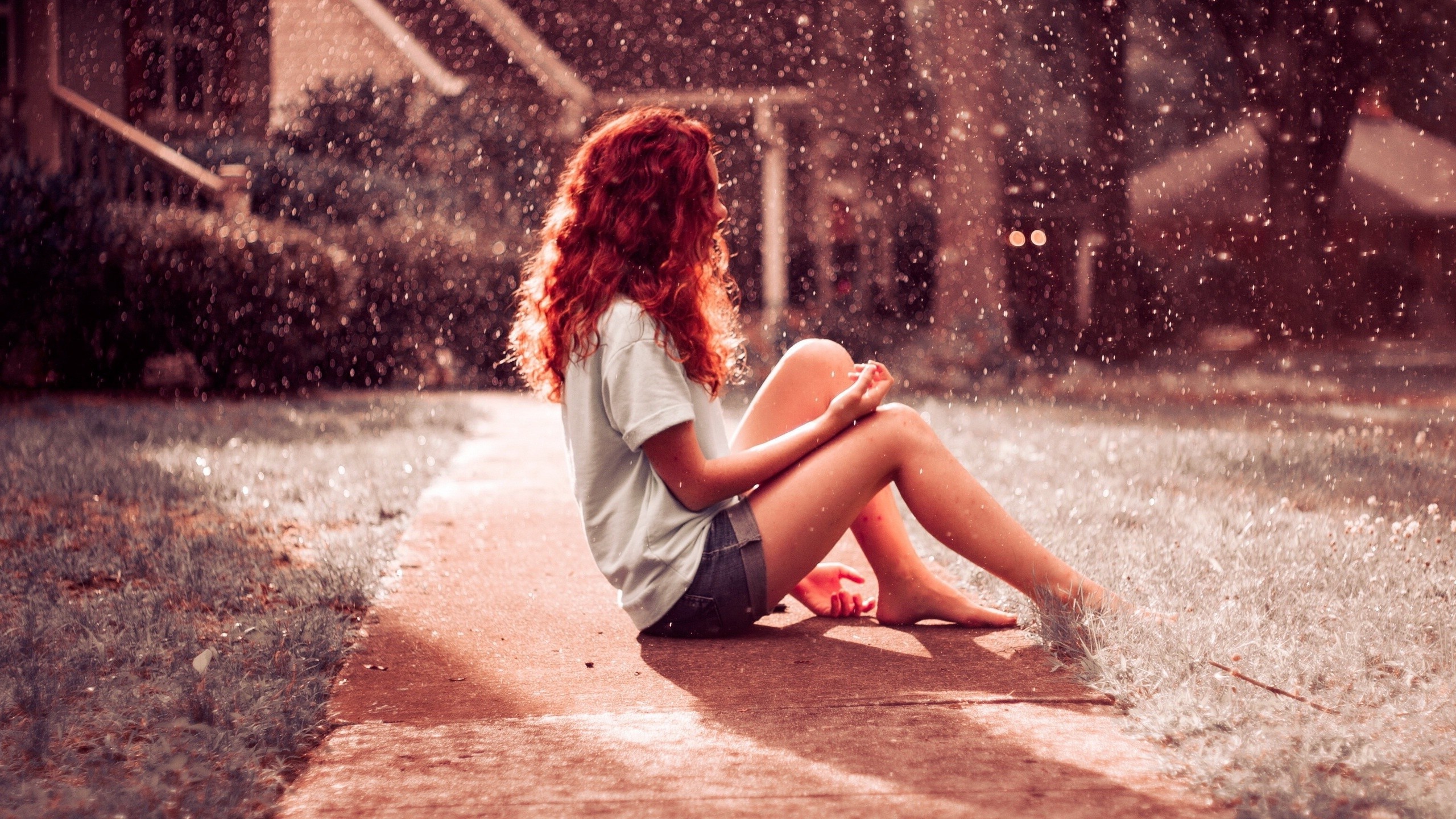 redhead, Sitting, Women, Pavements, Photo Manipulation Wallpaper