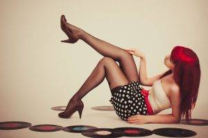 women, Redhead, Stockings, Vinyl