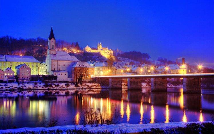 Germany, City, Church, Winter, River, Evening, Lights HD Wallpaper Desktop Background