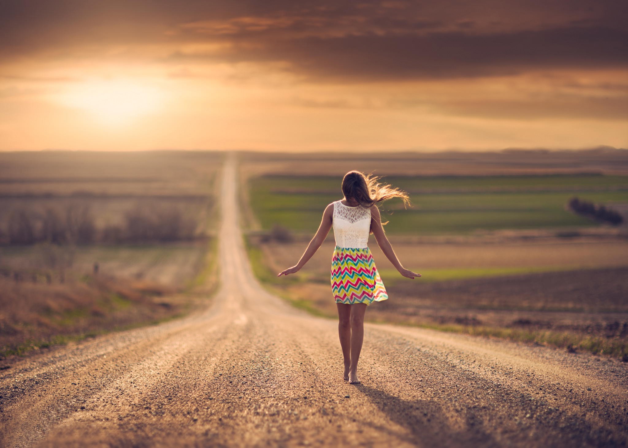 women Outdoors, Road, Barefoot, Jake Olson, Windy, Nebraska, Sunlight, Women Wallpaper