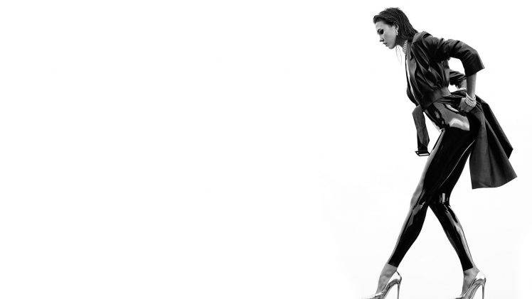 Karlie Kloss, Heels, Tight Clothing, Bodysuit, Latex, Jacket, Monochrome HD Wallpaper Desktop Background