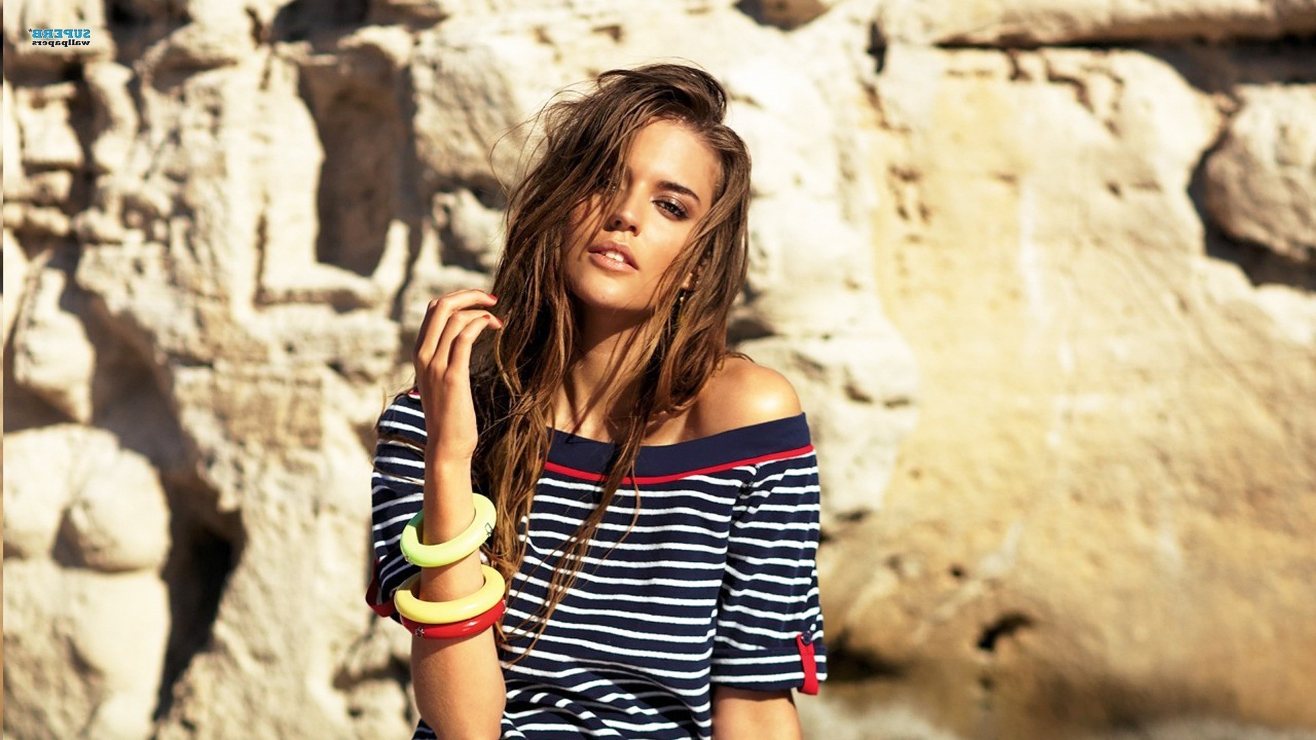 Clara Alonso, Sweater, Brunette, Striped Clothing, Women Wallpaper