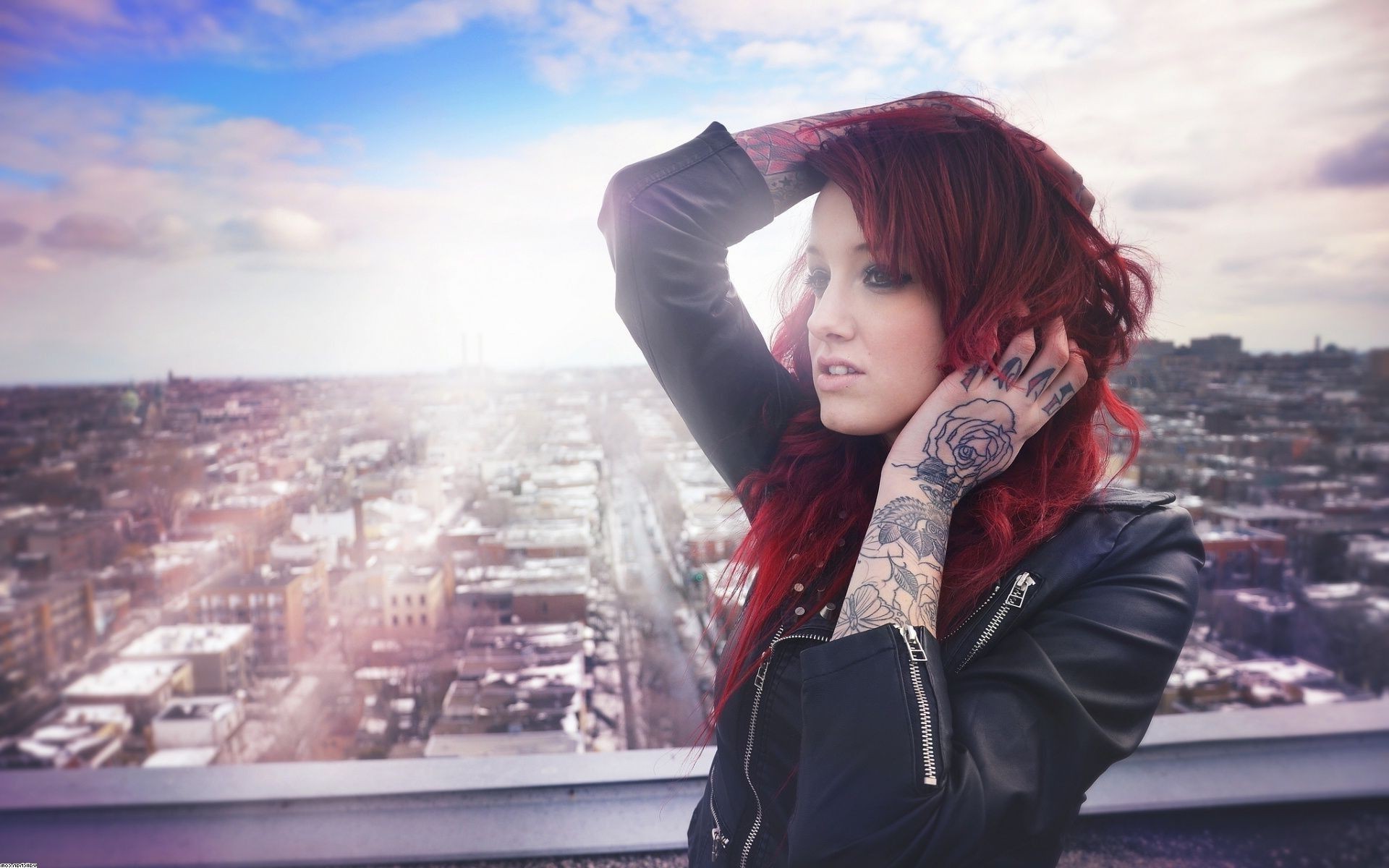 redhead, Tattoo, Women, Model, City, Sunlight, Rooftops Wallpaper