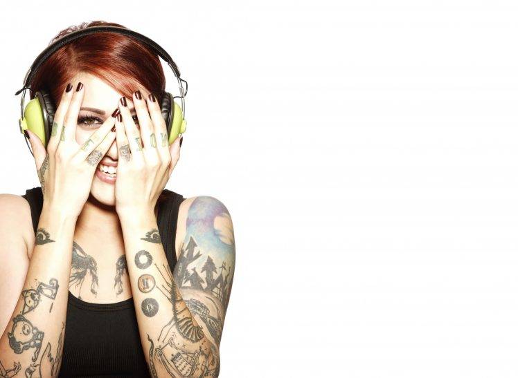 women, Redhead, Tattoo, Headphones, Smiling HD Wallpaper Desktop Background