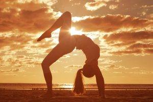 women, Sunlight, Stretching, Yoga, Ponytail, Arched Back, Barefoot, Clouds, Women Outdoors, Beach, Sunset, Legs