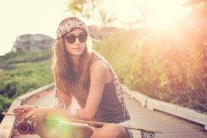skateboard, Women, Women Outdoors, Bandanas, Sunlight, Sunglasses