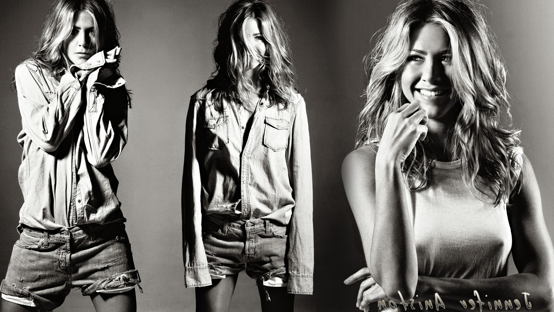 monochrome, Jennifer Aniston, Blonde, Jean Shorts Wallpaper