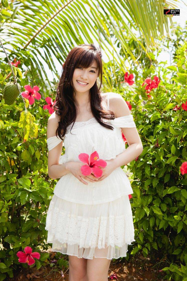 Mikie Hara, Asian, Women, Model, Pink Flowers, Hibiscus HD Wallpaper Desktop Background