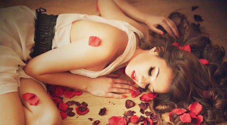 women, Rose, Lying Down, White Dress, Red Lipstick, Brunette HD Wallpaper Desktop Background