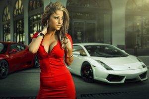 Lamborghini, Blonde, Red Dress