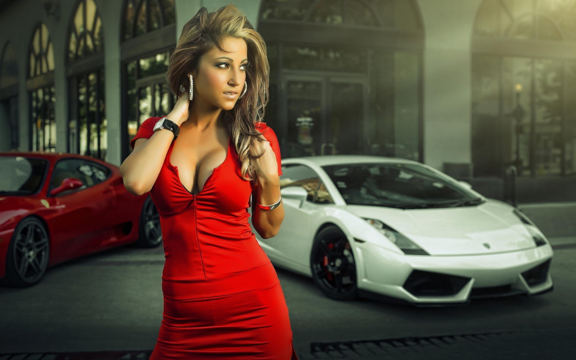 Lamborghini, Blonde, Red Dress Wallpaper
