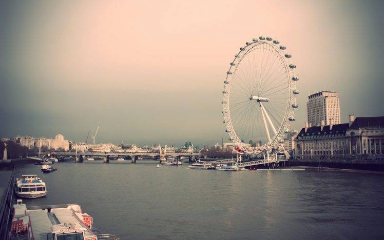 river, Boat, Ferris Wheel, Bridge, London Eye, London, River Thames HD Wallpaper Desktop Background