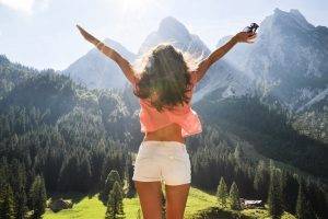 women, Brunette, Mountain, Landscape, Sunny, Shorts