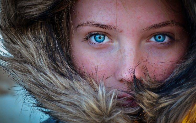 blue Eyes, Face, Women, Freckles, Fur, Portrait HD Wallpaper Desktop Background