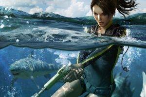 Lara Croft, Shark, Split View, Sea