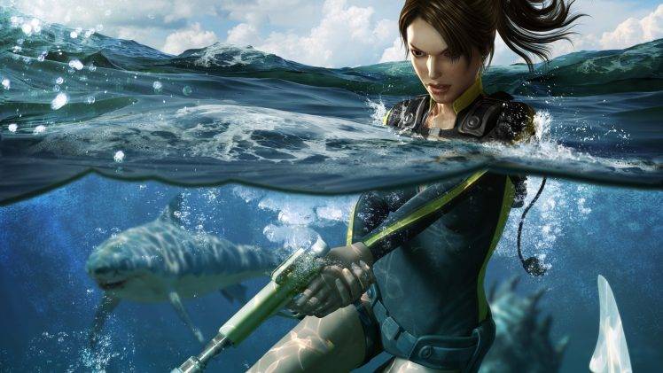 Lara Croft, Shark, Split View, Sea HD Wallpaper Desktop Background