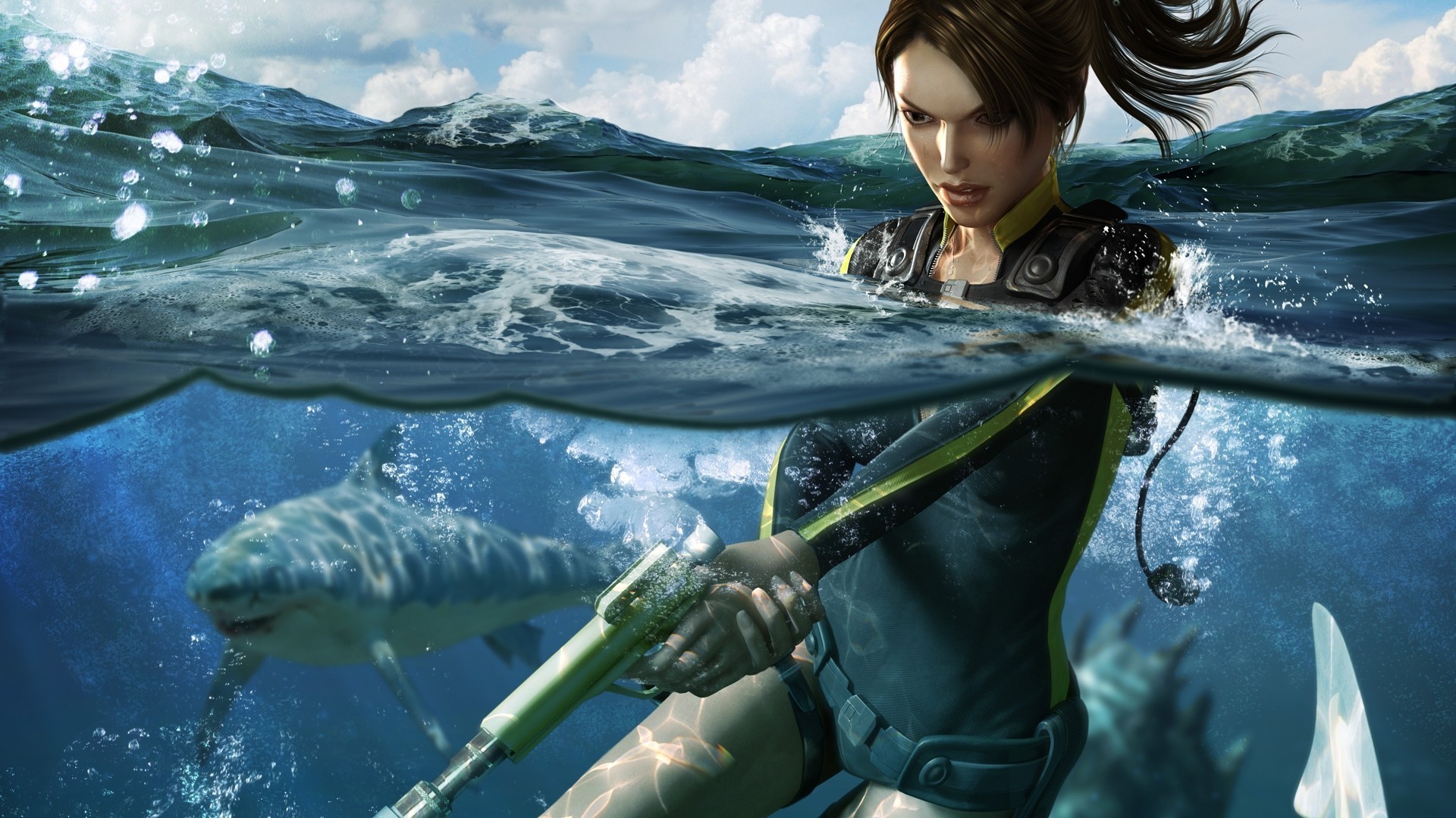 Lara Croft, Shark, Split View, Sea Wallpaper
