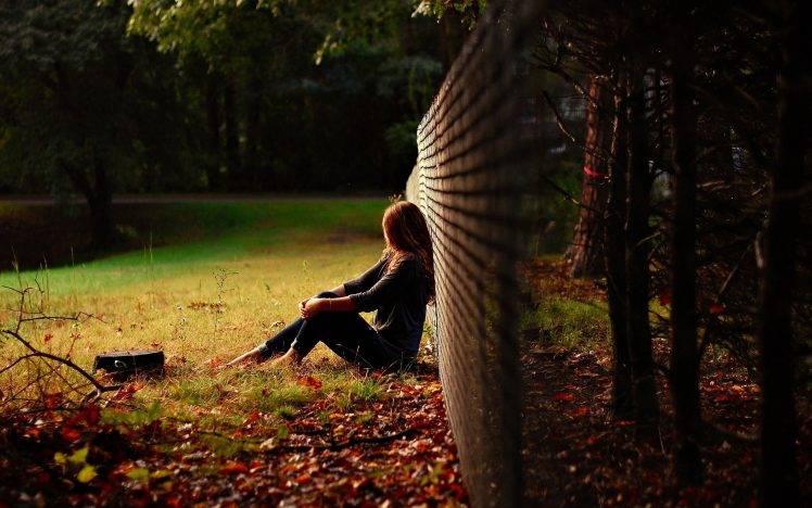 women, Alone, Sitting, Fence, Leaves, Fall, Women Outdoors HD Wallpaper Desktop Background