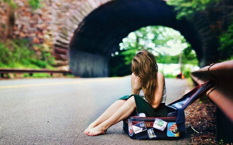 women, Alone, Bridge, Tunnel, Suitcases, Sitting, Legs, Brunette ...