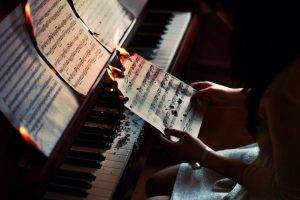 piano, Musical Notes, Burning, Fire, Music
