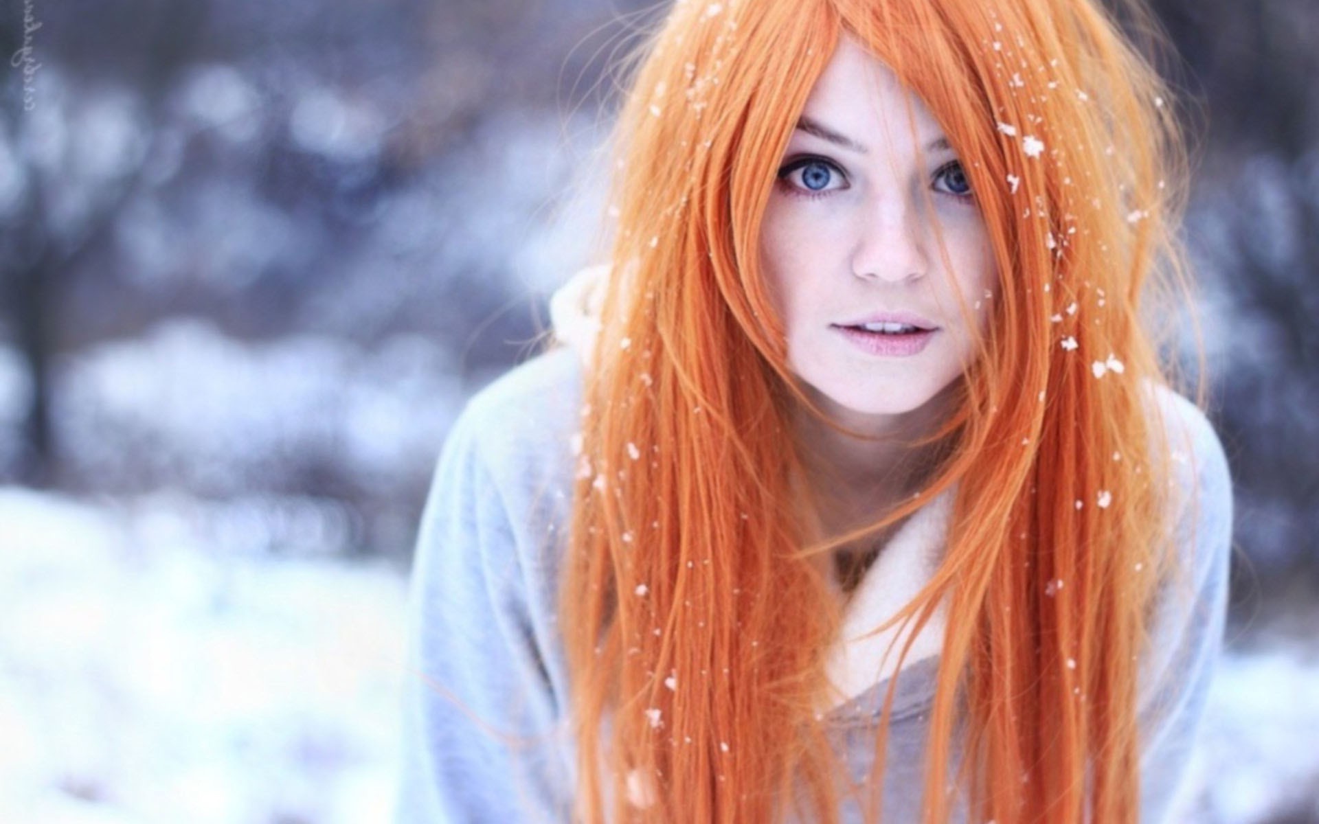 women, Orange Hair, Blue Eyes, Snow, Blurred, Marina Abrosimova Wallpaper