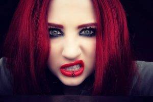women, Redhead, Green Eyes, Red Lipstick, Teeth, Piercing, Lip Ring, Niky Von Macabre