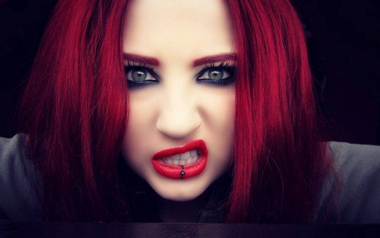 women, Redhead, Green Eyes, Red Lipstick, Teeth, Piercing, Lip Ring, Niky Von Macabre HD Wallpaper Desktop Background