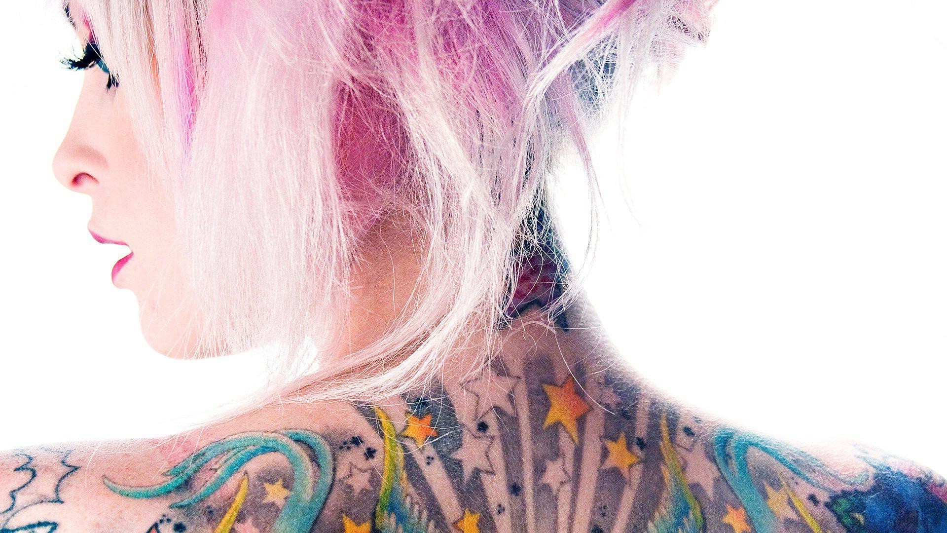 women, Pink Hair, Blue Eyes, Tattoo Wallpaper